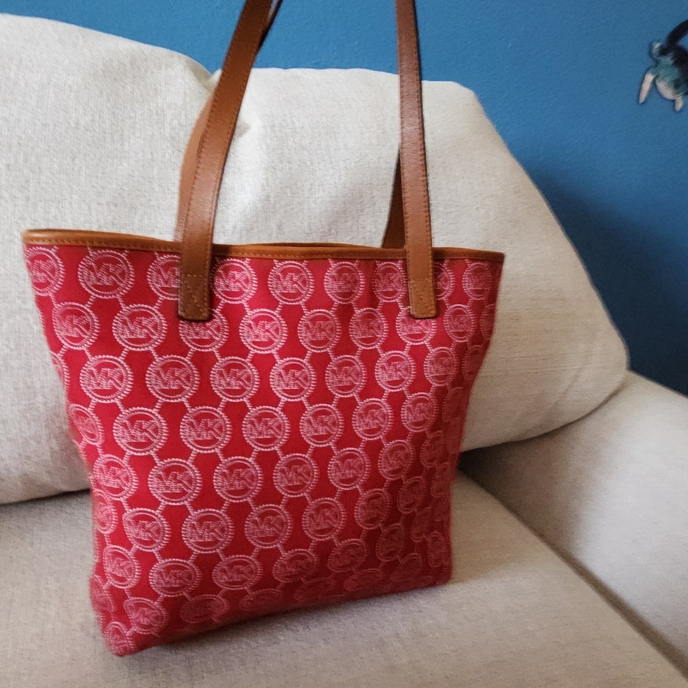 Euc Michael Kors Red & White Fabric Tote Bag Purse - Picture 3 of 12